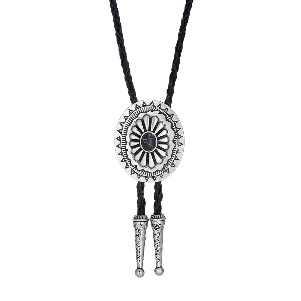 

KDG western cowboy zinc alloy dot natural black turquoise bolo tie men's leather rope pendant