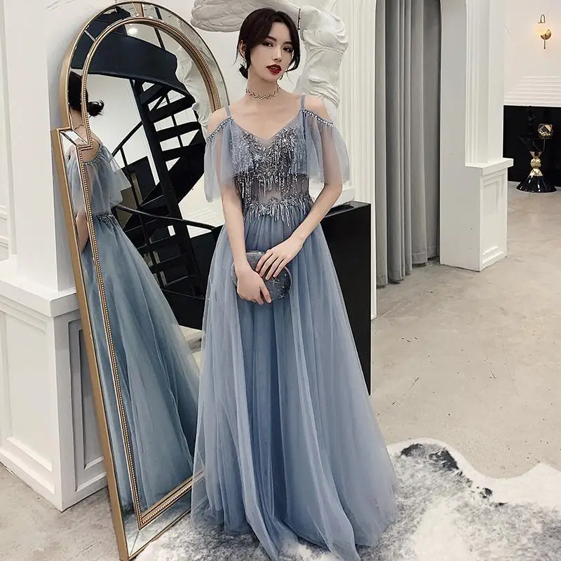 Mingli Tengda Gray-blue Temperament Long Bridesmaid Formal Dress Tassel Beading Wedding Gust Dresses Vestido Longo Abendkleider 
Mingli Tengda Gray-blue Temperament Long Bridesmaid Formal Dress Tassel Beading Wedding Gust Dresses Vestido Longo Abendkleider