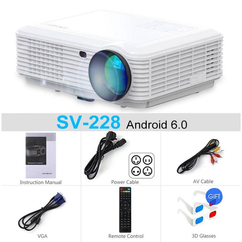 

POWERFUL SV-228 Android 6.0 Full-HD 3400lumens LED Projector 1280*800 1080P 4K Big Clearance Media Player Home Theater