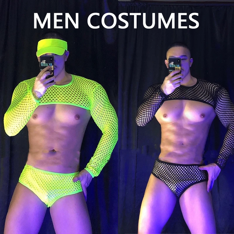 

Men Fluorescent Mesh Top Briefs Muscle Man Gogo Costume Sexy Pole Dance Clothing Nightclub Ds Dj Stage Solo Rave Outfit XS2132