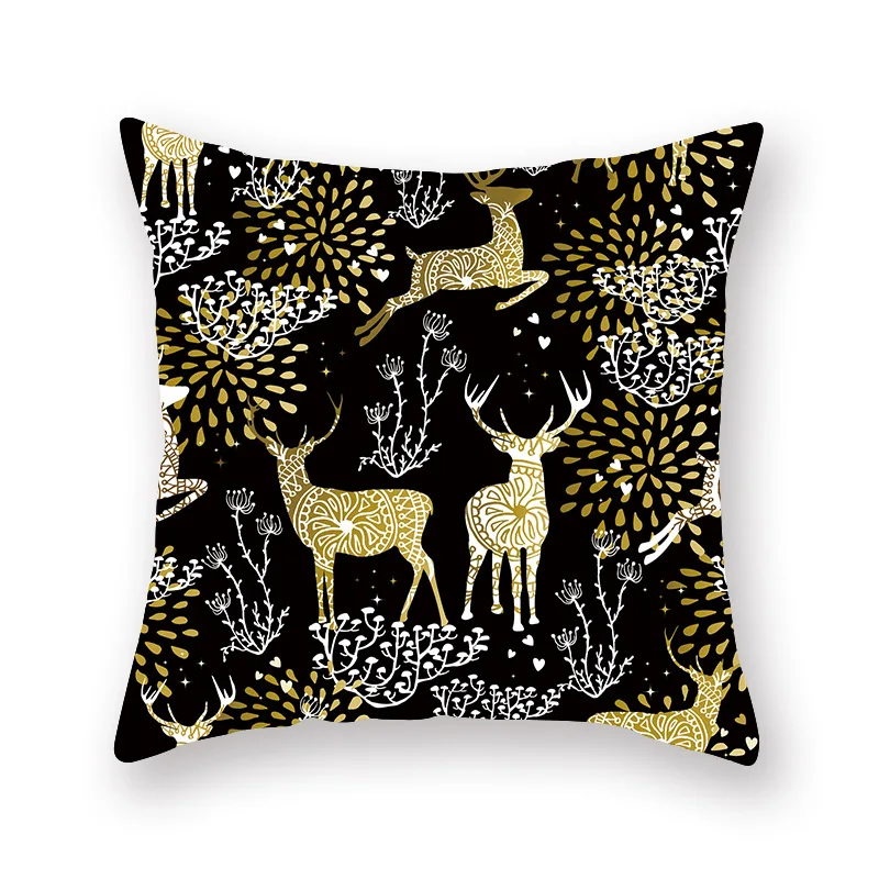 Christmas Throw Pillow Cover Gold Elk Printing Polyester Sofa Office Decorative Pillows | Дом и сад