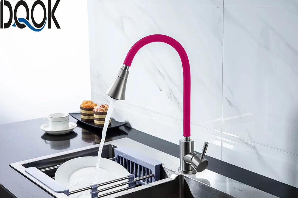 DQOK Silica Gel Nose Any Direction Rotating Kitchen Faucet Cold and Hot Black Blue Water Mixer Red Single Handle Kitchen Tap