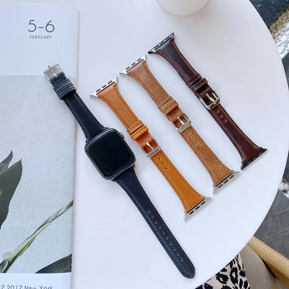 Фото Leather Watchband for Apple Watch Band 44mm 42mm 40mm 38mm Bracelet Smart Accessories iwatch series 2 3 4 5 6 Strap Replacement | Наручные