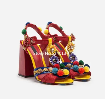 Gladiator Pompom Decoration Red Women Sandals Open Toe Rivets Buckle Strap Mixed Color Chunky Heel Sandals Female
Gladiator Pompom Decoration Red Women Sandals Open Toe Rivets Buckle Strap Mixed Color Chunky Heel Sandals Female