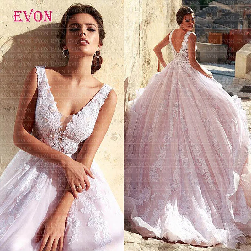 Exquisite Pink Princess A Line Wedding Dresses 2020 Sexy V Neck Backless Boho Wedding Gowns Robe De Mariee Vestido De Noiva