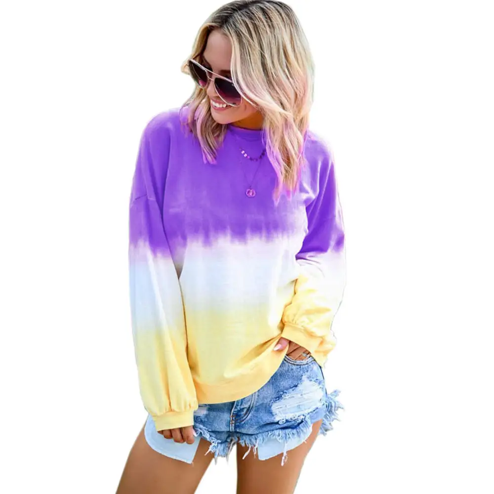 Womens Casual Gradient Long Sleeve T-Shirt Colorblock Block Tie Dye Printed Pullover 6
