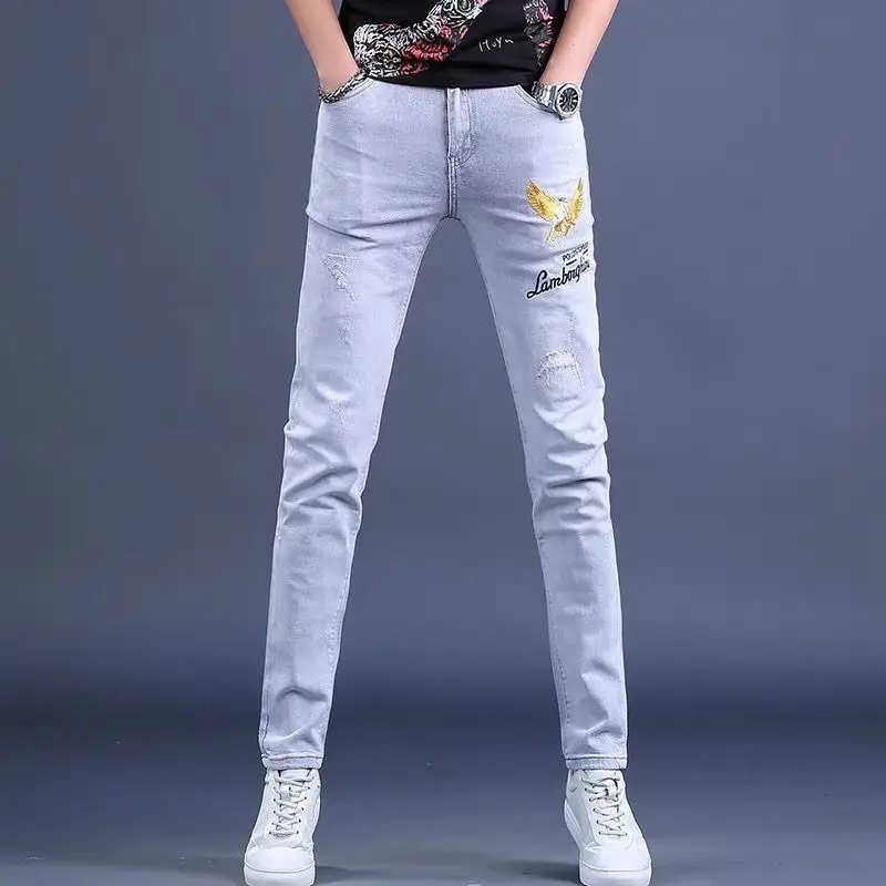 Korea Version Mens Scratches Light Blue Jeans, High Quality Slim Stretch Jeans,Light Luxury Embroidery Jeans, Sexy Street Jeans;
Korea Version Mens Scratches Light Blue Jeans, High Quality Slim Stretch Jeans,Light Luxury Embroidery Jeans, Sexy Street Jeans;