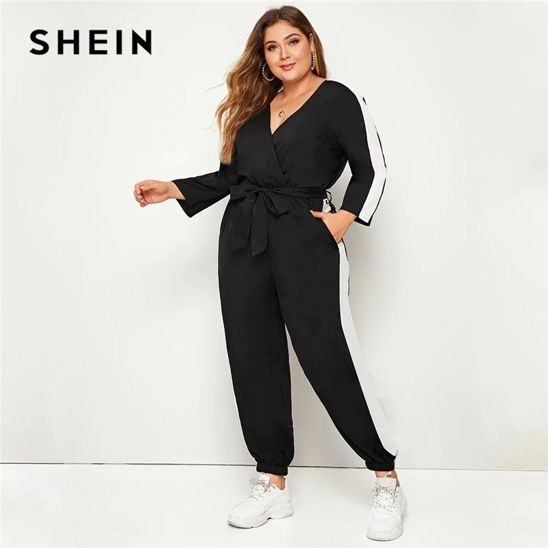 

SHEIN Plus Size Colorblock Surplice Front Belted Jumpsuit Women Spring Autumn Casual V Neck Long Sleeve Sporting Long Jumpsuits