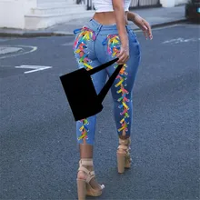 

African ethnic Women Jeans Rainbow Colour Criss-cross Lace Up Hole Sheath Elastic High Waist Long Pencil Denim Pants Bandage