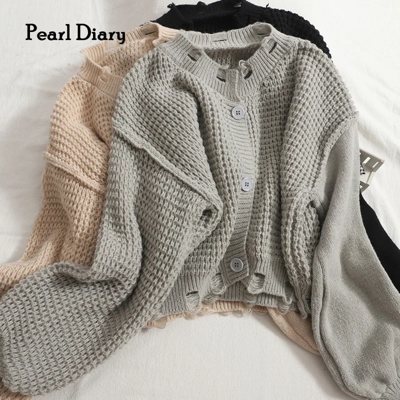 

Pearl Diary Short Cardigan Women's Autumn And Winter New All-Match Ripped Button Sweater Korean Version Of Solid Color Top