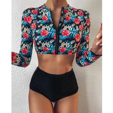 花プリントビキニ女性長袖水着 2020 セクシーなハイウエスト水着ジッパービキニセットプッシュアップ水着ビーチウエア(China)