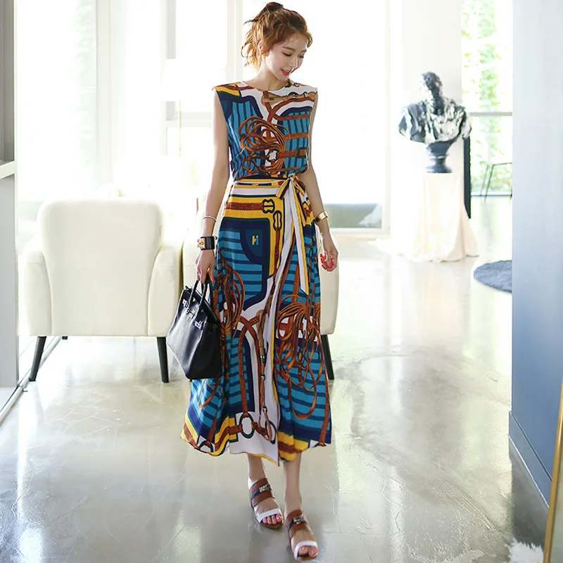 2019 New Style Korean-style Elegant Two-Piece Set-Style Printed Shirt Waist Hugging Lace-up Skirt WOMEN'S Suit
