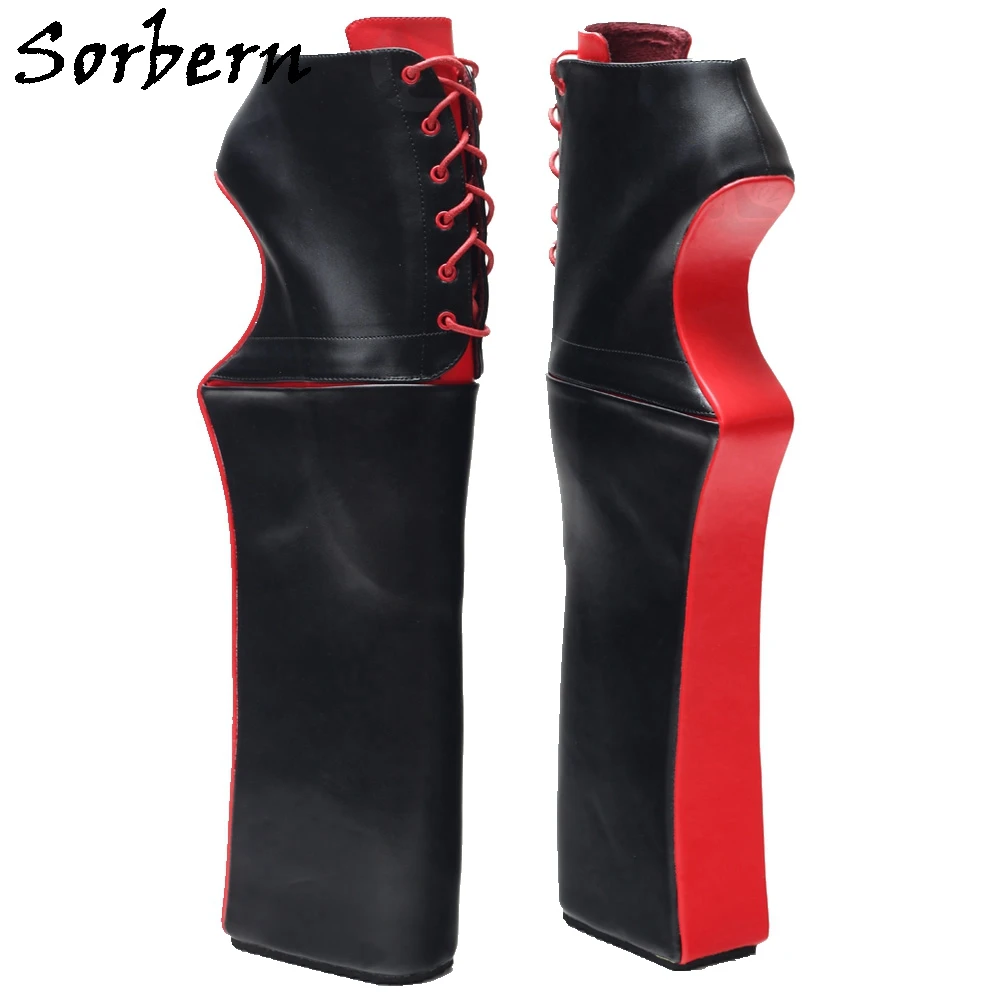 

Sorbern Black Red Ballet Boots Lace Up Ankle High Thick Platform Drag Queen Sexy Fetish Shoes 38cm Painful Tiptoe Booties