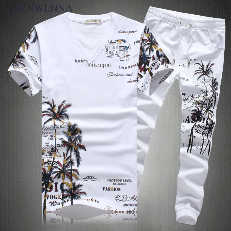 

New Fashion Autumn Long Sets Men Casual Coconut Island Printing Suits For Men sports Style Suit Sets T Shirt + Trousers