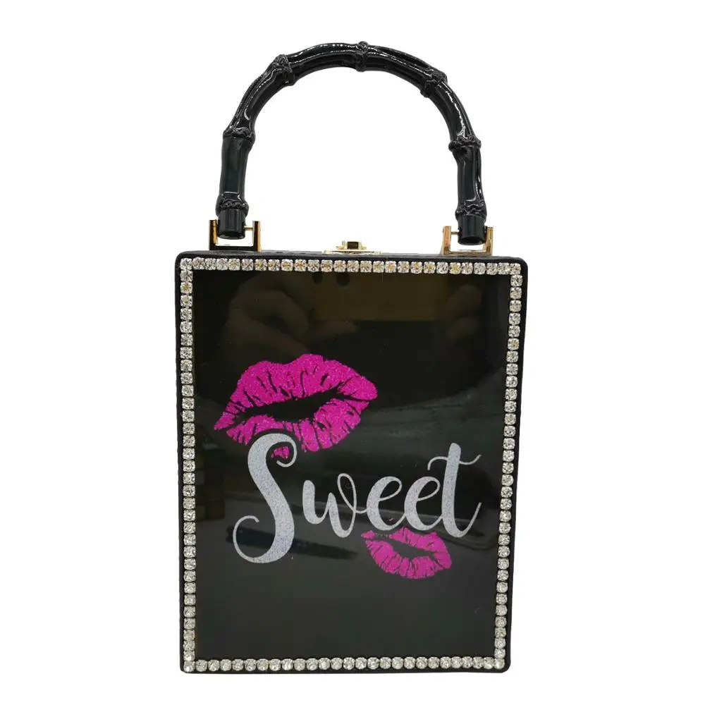 

Boutique De FGG "Sweet Lips" Print PU Leather Women Bamboo Top-Handle Black Shoulder Hanadbag Crossbody Bag Box Totes Purses Bag