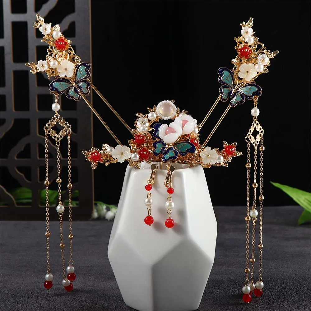 

Chinese Hanfu Headdress Women's Ancient Style Tassel Stage Shaking Gold Butterfly Hairpin Bride Pearl Tassel Hair Accessory Set