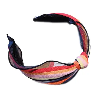 

Korean Summer Rainbow Stripes Headband Women Girls Sheer Lace Decor Wide Hair Hoop Twist Knot Center Outdoor Styling Headpiece