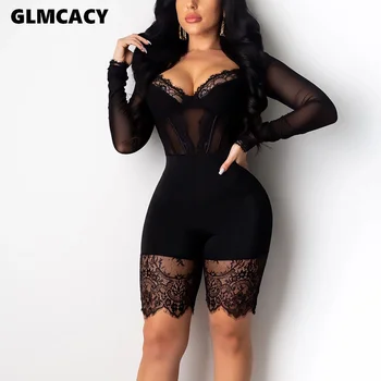 

Womens Tight Long Sleeve Sheer Mesh Lace Insert Playsuit Black Wine RedParty Night Out One Piece Overalls Rompers