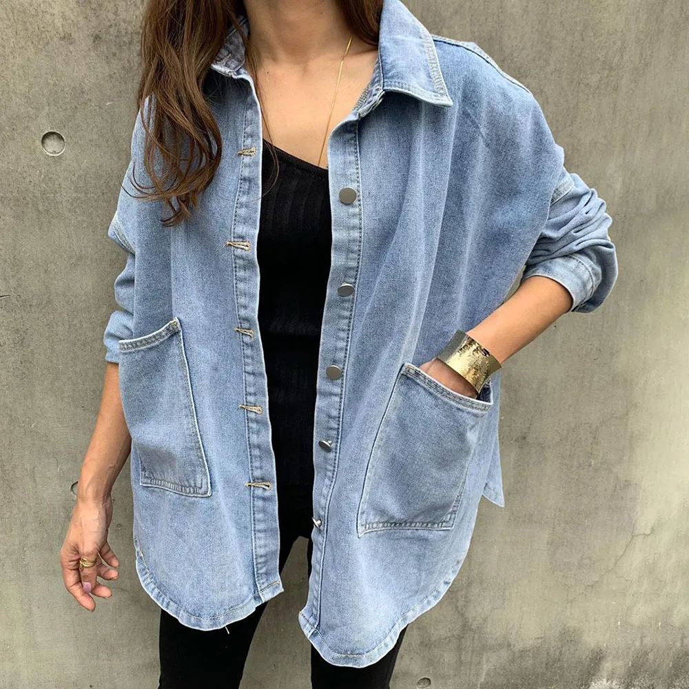 Vintacy Spring Autumn 2020 Women Denim Jacket Thin BF Style Lapel Pockets Long Sleeve Single-Breasted Casual Loose Girls Coats
Vintacy Spring Autumn 2020 Women Denim Jacket Thin BF Style Lapel Pockets Long Sleeve Single-Breasted Casual Loose Girls Coats
