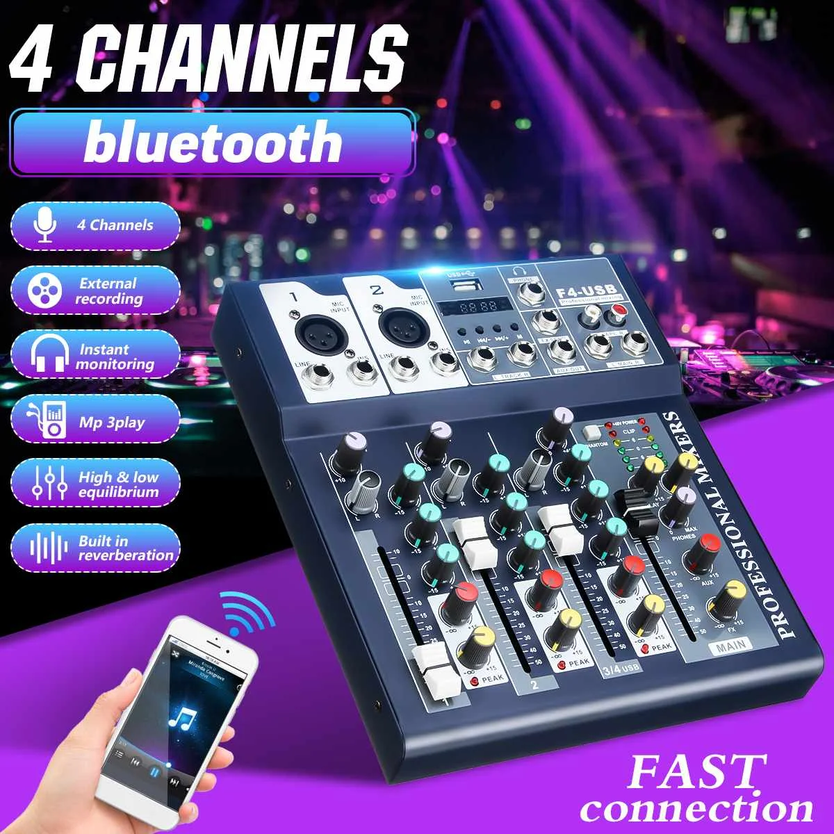 LEORY 4 Channel USB Bluetooth Audio Mixer with Reverb Effect for Home Karaoke Live Stage Performance For Karaoke KTV Party
LEORY 4 Channel USB Bluetooth Audio Mixer with Reverb Effect for Home Karaoke Live Stage Performance For Karaoke KTV Party