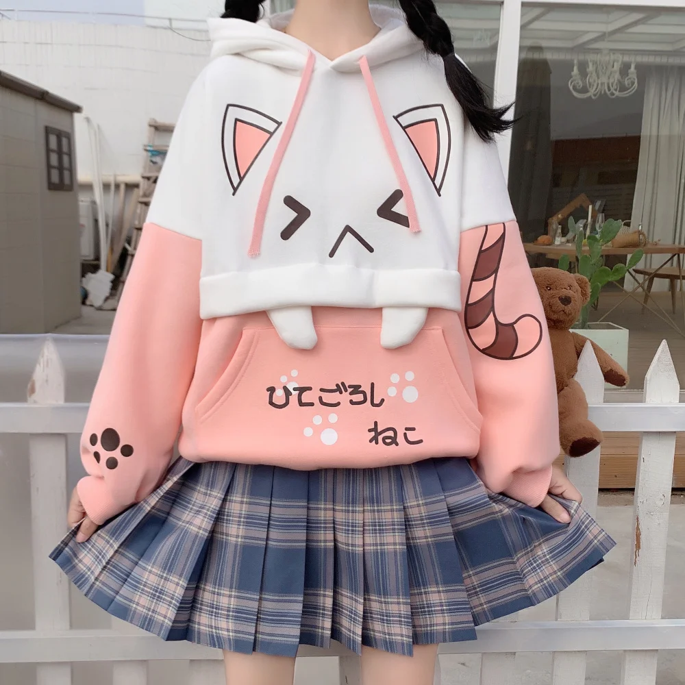 FREE SHIPPING Pink Cat Cartoon Printed Hoodies Sweatshirt JKP4772