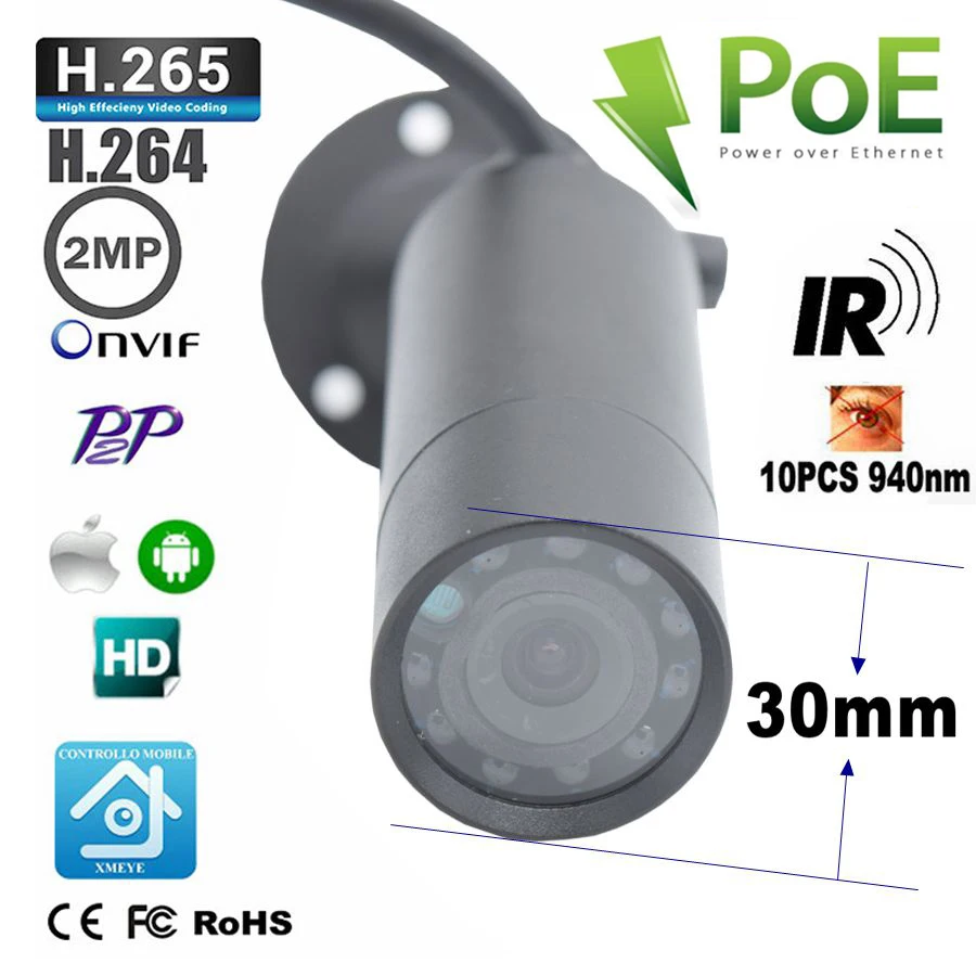 30*77MM 940nm Infrared IR 1080P Starlight POE Mini Waterproof IP Camera Surveillance Network Video P2P Onvif Mini Bullet Camera
30*77MM 940nm Infrared IR 1080P Starlight POE Mini Waterproof IP Camera Surveillance Network Video P2P Onvif Mini Bullet Camera