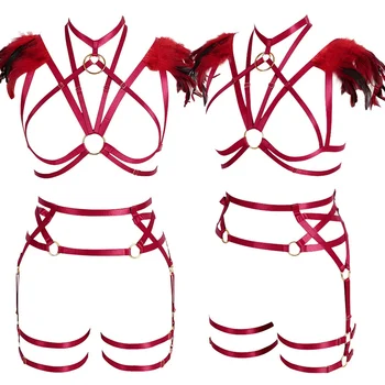Wine Red Feather Epaulettes Angel Wing Pentagram Garter Goth Festival Wedding Strappy Adjust Full Body Harness Sexy Lingerie Set 
Wine Red Feather Epaulettes Angel Wing Pentagram Garter Goth Festival Wedding Strappy Adjust Full Body Harness Sexy Lingerie Set