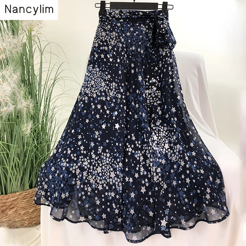 Fairy Blues Stars Printing Irregular Elegant Long Chiffon Skirt Summer Autumn Woman New Fashion Mid-calf Skirts Student Nancylim 
Fairy Blues Stars Printing Irregular Elegant Long Chiffon Skirt Summer Autumn Woman New Fashion Mid-calf Skirts Student Nancylim