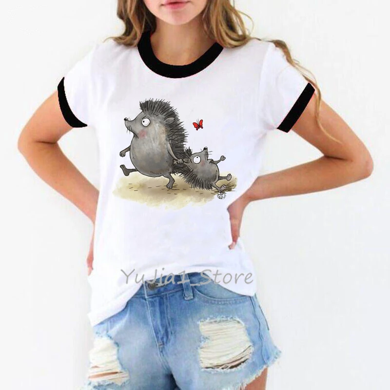 

Summer 2024 Funny Cute Hedgehogs Animal Print Female T-Shirt Women White Short Sleeve T Shirt Ringer Tee Diy Custom Tshirt Tops