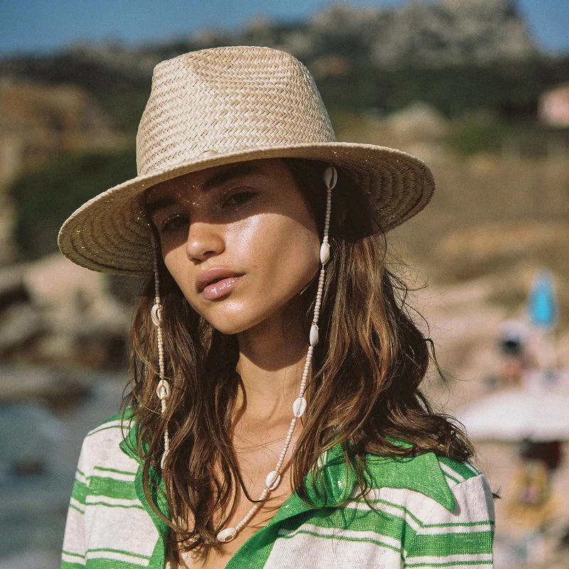 

2022 New Seashells Beaded Beach Hats With Chain For Women Fashion Straw Woven Fedora Sun Hats Summer Holidaty Panama Hat