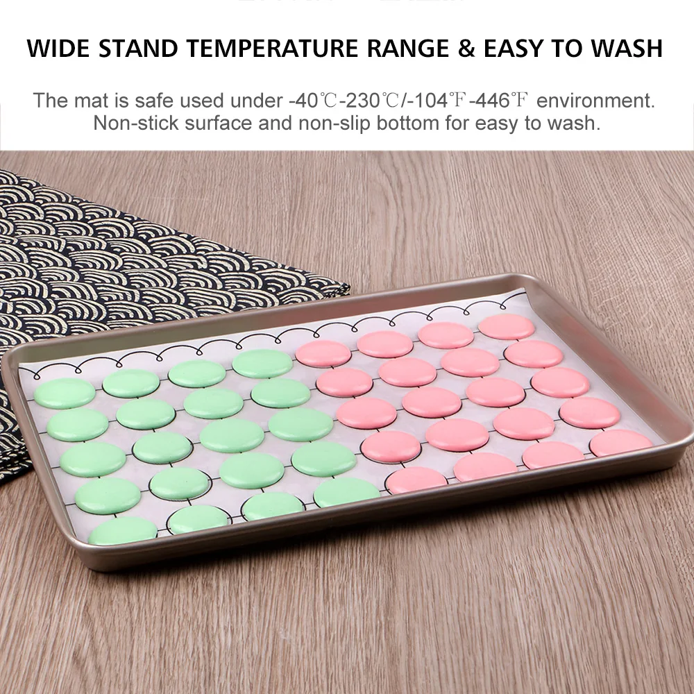 Macaron Silicone Baking Mat 260 * 600mm Half Sheet Mat with Circles Fine Mesh Non-Stick Baking Half Sheet for Macaron Pastry Pie
Macaron Silicone Baking Mat 260 * 600mm Half Sheet Mat with Circles Fine Mesh Non-Stick Baking Half Sheet for Macaron Pastry Pie
