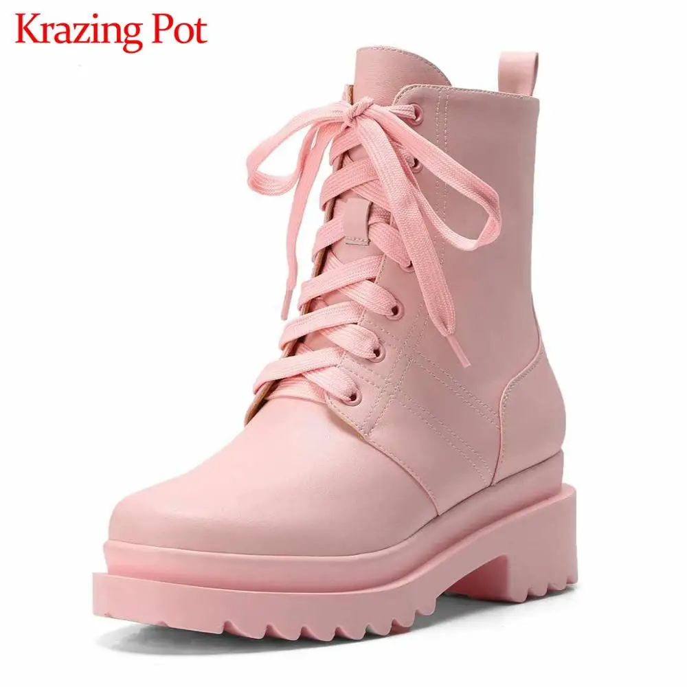 Krazing Pot sweet ladies genuine leather shoes round toe med heels thick bottom lace up winter women keep warm ankle boots L18
Krazing Pot sweet ladies genuine leather shoes round toe med heels thick bottom lace up winter women keep warm ankle boots L18