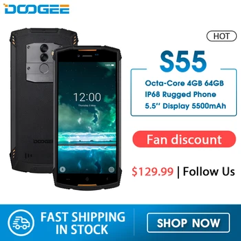 

IP68 DOOGEE S55 waterproof Smartphone 4GB RAM 64GB ROM 5500mAh MTK6750T Octa Core 5.5inch Android 8.0 Dual SIM 13.0MP 4GLTE