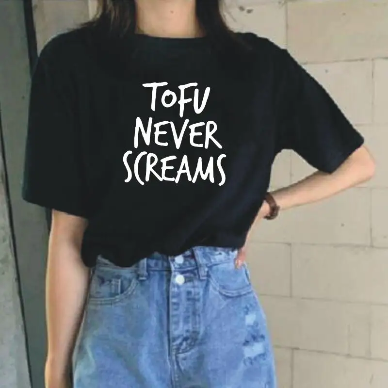 Fashion Plant Powered Women Tshirt Tofu Never Screams Animal Vegetarian Vegan Shirt Tee Femme Casual T-shirt Tops | Женская одежда