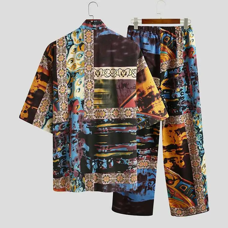 Men's Pajamas Sets Kimono Printed Cotton Half Sleeve V Neck Lace Up Sleepwear Pants Japanese Leisure Men Nightwear Suit INCERUN Men's Pajamas Sets Kimono Printed Cotton Half Sleeve V Neck Lace Up Sleepwear Pants Japanese Leisure Men Nightwear Suit INCERUN