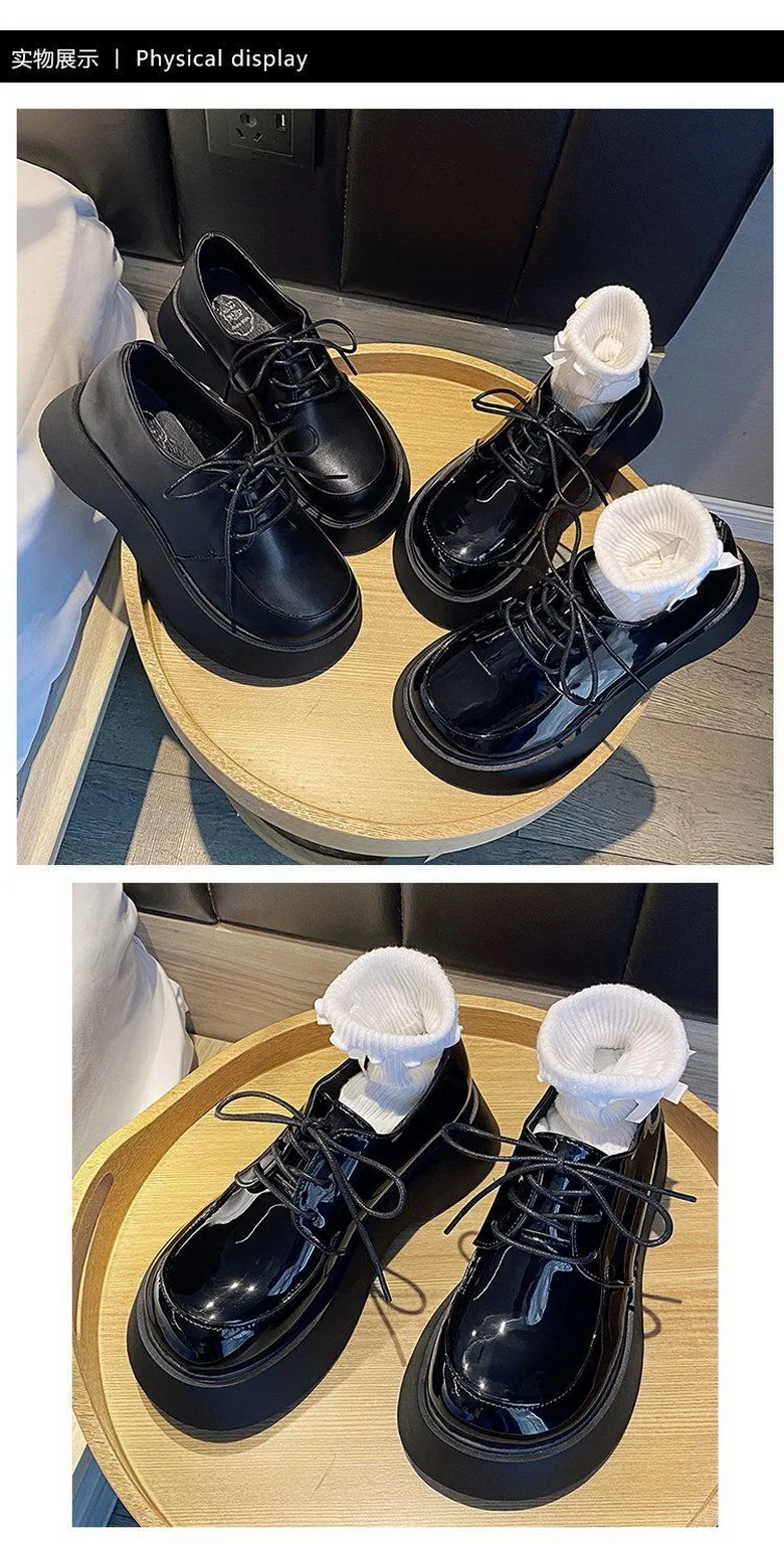 Platforms Shoes Women Bottom Heels Woman Autumn Shoes Round Big toe Shoe British Style Girls Faves Footwear Slip On Black