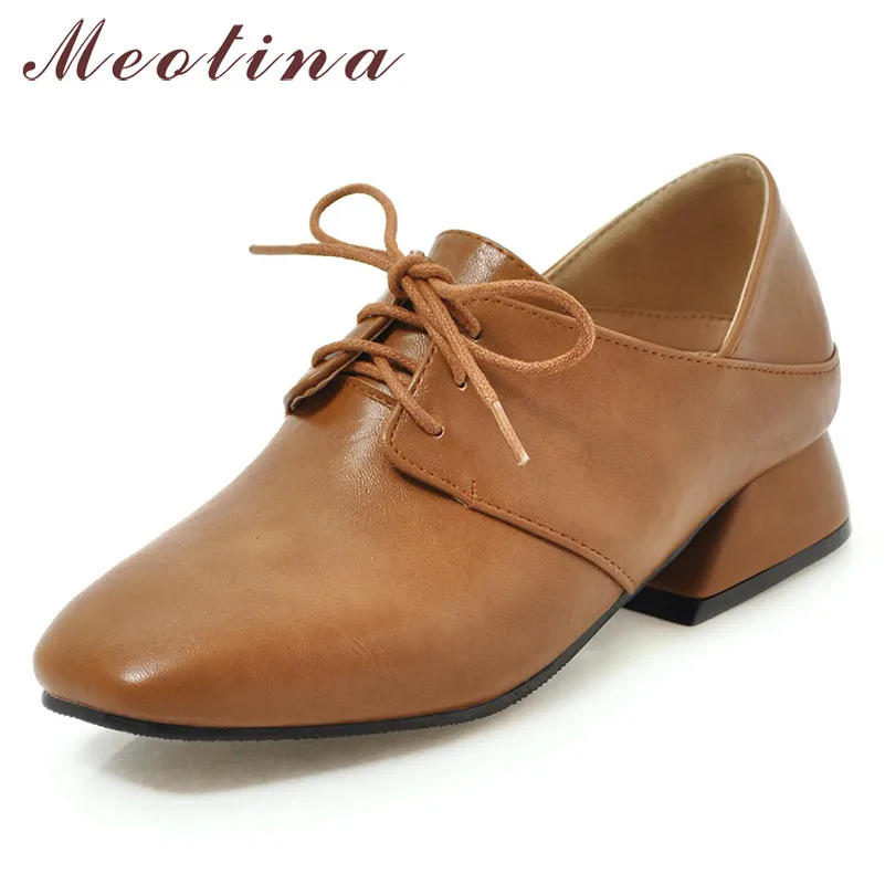 

Meotina High Heels Women Pumps Lace Up Chunky Heels Derby Shoes Fashion Square Toe Shoes Ladies Footwear Spring Plus Size 33-46