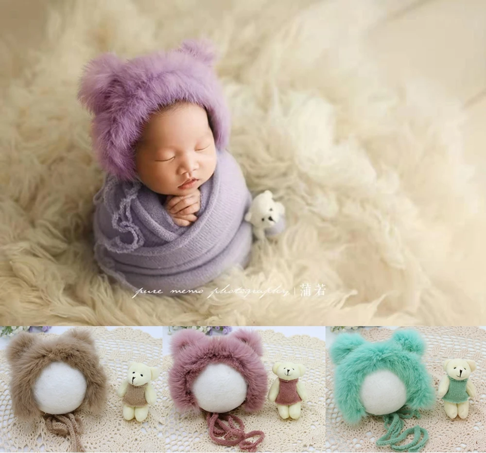 Фото Реквизит для фотосъемки новорожденных детская шапка комплект кукол с медведем