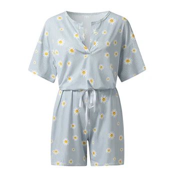 Knitted Daisy Print Women Sleepsuit Homewear V Neck Short Sleeve Elastic Waist Female Suits New Summer Casual Ladies Pajamas Set 
Knitted Daisy Print Women Sleepsuit Homewear V Neck Short Sleeve Elastic Waist Female Suits New Summer Casual Ladies Pajamas Set