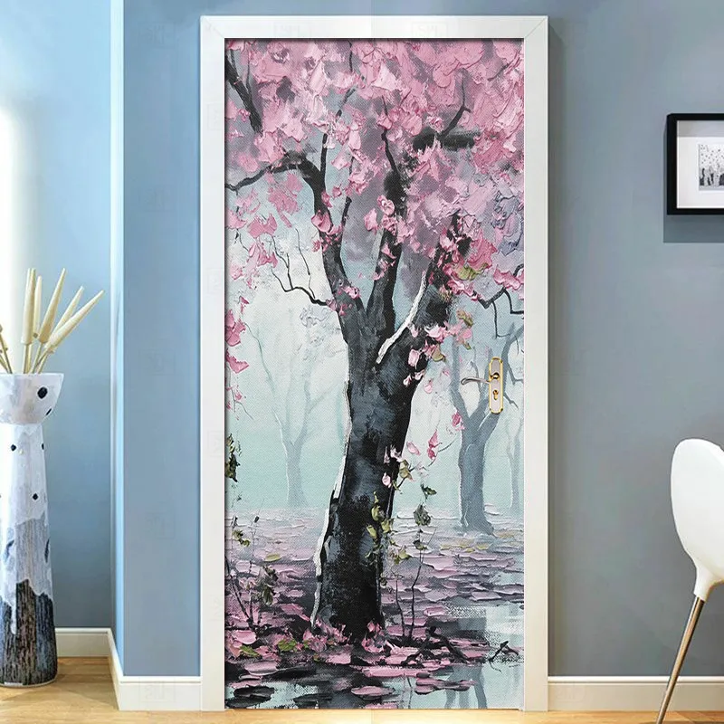 3D-Pink-Woods-Flowers-Landscape-Door-Stickers-Mural-Living-Room-Door-PVC-Self-adhesive-Waterproof-3D