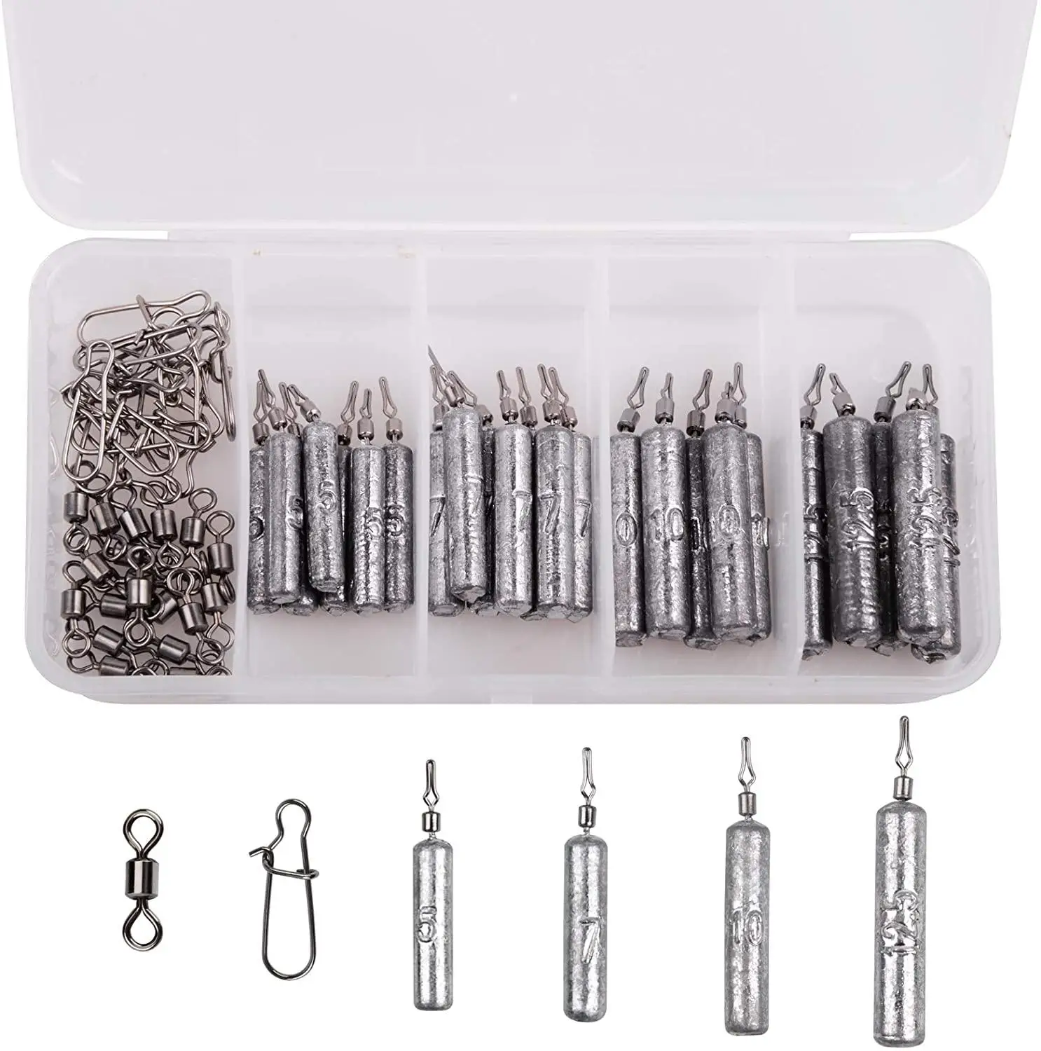 54pcs Fishing Drop Shot Weight Kit Include Fishing Sinkers Rolling Swivel Duo-lock Snap Fishing Tackle Accessories
54pcs Fishing Drop Shot Weight Kit Include Fishing Sinkers Rolling Swivel Duo-lock Snap Fishing Tackle Accessories