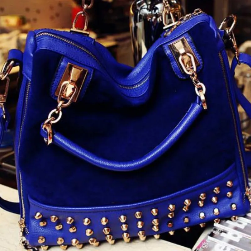 Lady Studded Tote Vintage Scrub Studded Zipper Fashion Soft Surface Versatile PU Casual Rivet Shoulder Bag Blue and Black 
Lady Studded Tote Vintage Scrub Studded Zipper Fashion Soft Surface Versatile PU Casual Rivet Shoulder Bag Blue and Black