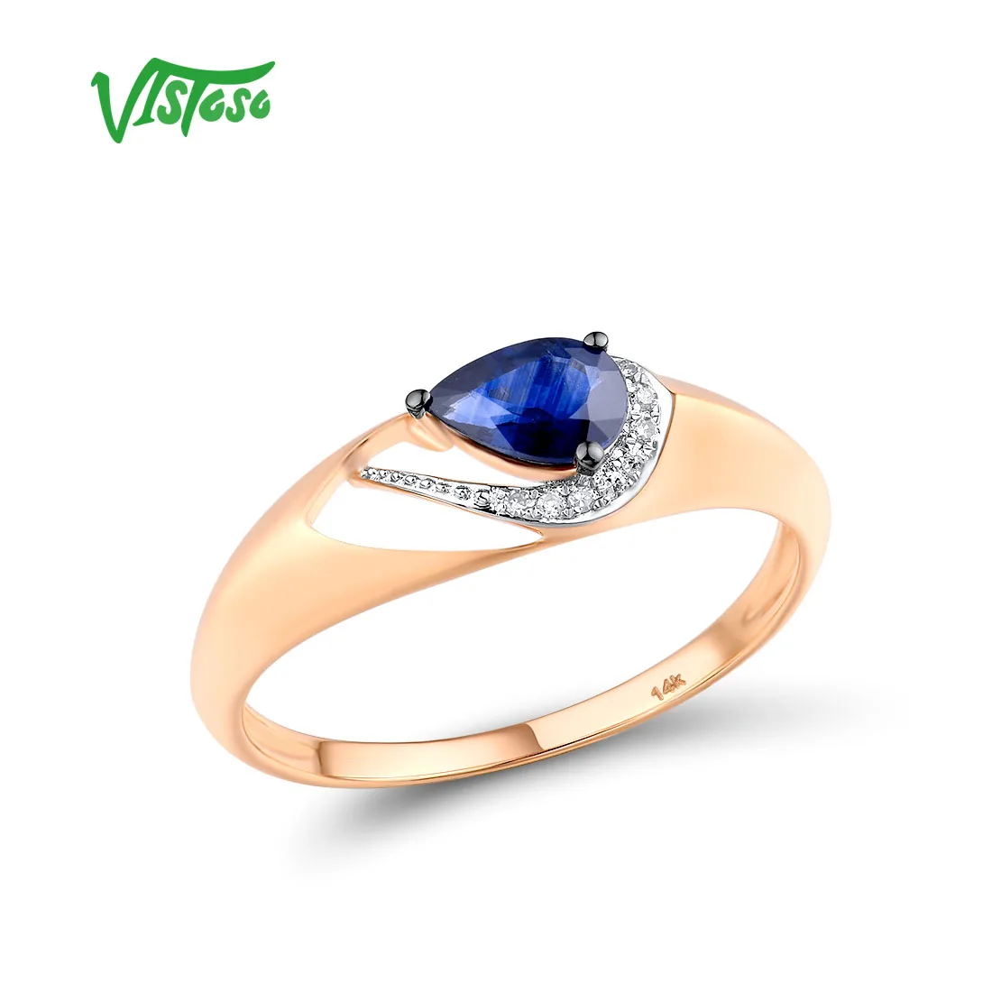 

VISTOSO Gold Rings For Women Genuine 14K 585 Rose Gold Ring Sparkling Diamond Pear Blue Sapphire Luxury Trendy Chic Fine Jewelry