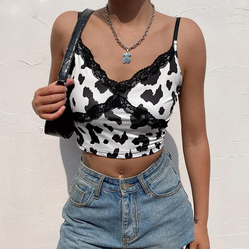 Vinrtage Lace Patckwork V Neck Milk Cow Print Strap Crop Tops Women 2020 Blackless Short Sexy Summer Tank Top Bow cami
Vinrtage Lace Patckwork V Neck Milk Cow Print Strap Crop Tops Women 2020 Blackless Short Sexy Summer Tank Top Bow cami