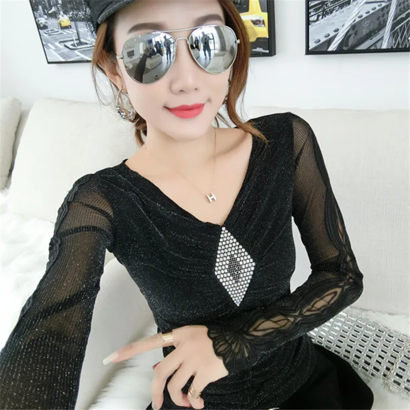 

#7938 Black Yellow Blue Mesh T Shirt Women Long Sleeved V Neck Sexy Stretch Mesh Top Split Joint Tight T-shirt Long Sleeved