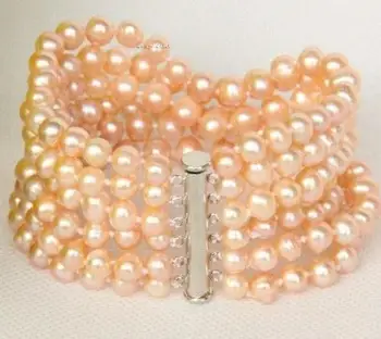 

Free shipping new hot Genuine 6row 8" 7mm pink pearls bracelet magnet clasp