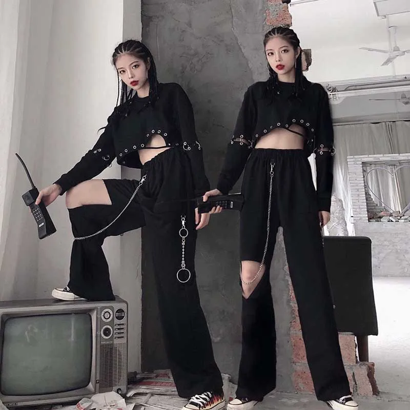 Брюки женские в стиле хип-хоп уличная одежда Корейском панк прямые широкие штаны