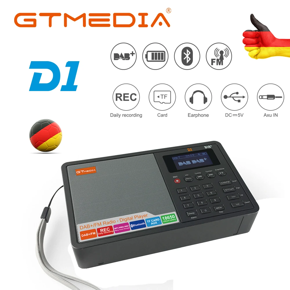 GTMEDIA D1 Radio DAB+/TF/AUX Mini Portable Radio Handheld Digital FM USB TF MP3 Player Speaker Rechargeable with 18650 Battery
GTMEDIA D1 Radio DAB+/TF/AUX Mini Portable Radio Handheld Digital FM USB TF MP3 Player Speaker Rechargeable with 18650 Battery