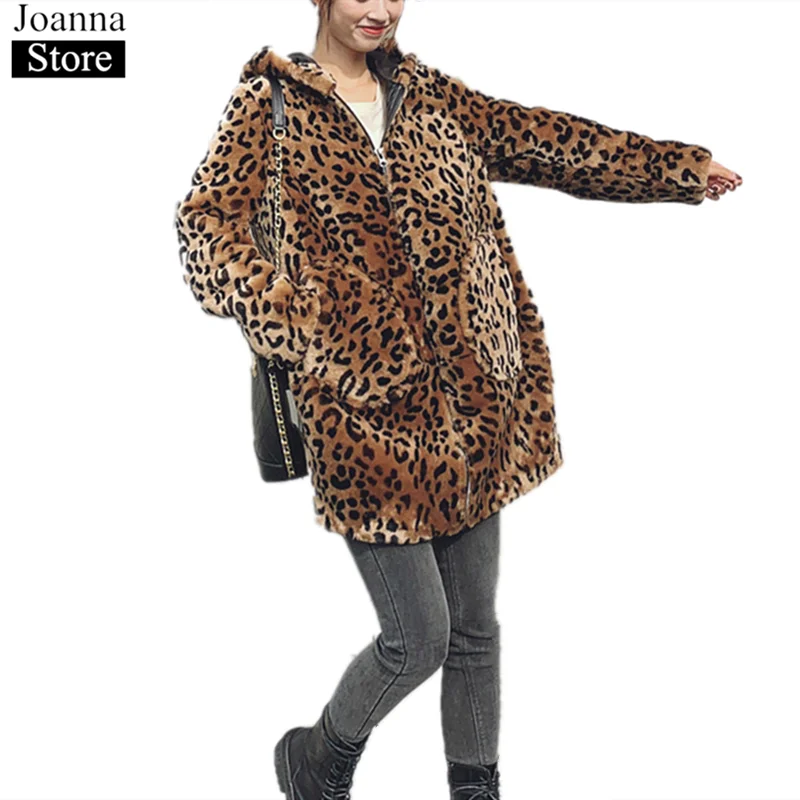 Фото Autumn Winter New Hooded Faux Fur Leopard Print Long Coat Women Fake Zipper Loose Furry Casual Female Plus Size Teddy Jacket | Женская