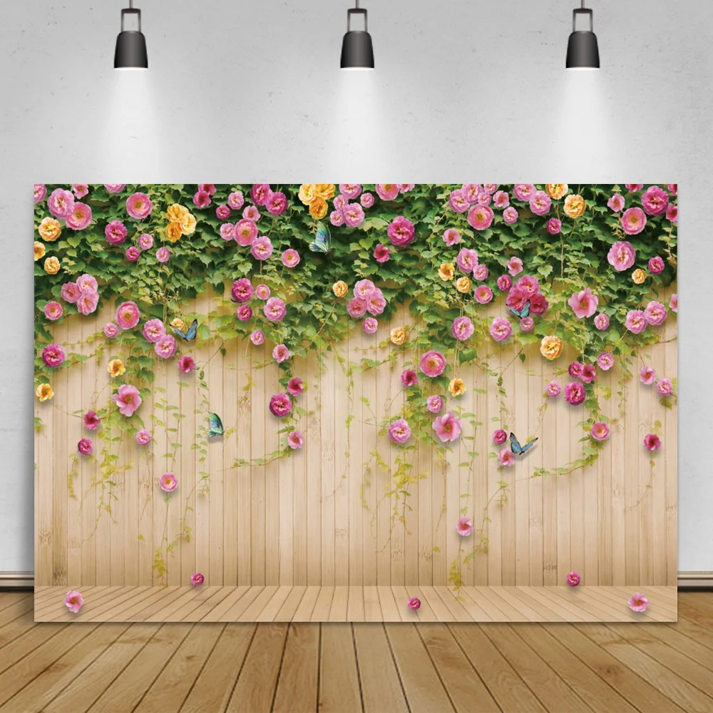 

Laeacco Rose Flower Wall Photo Background Wooden Boards Floor Wedding Photographic Backdrop Baby Birthday Party Photocall Banner